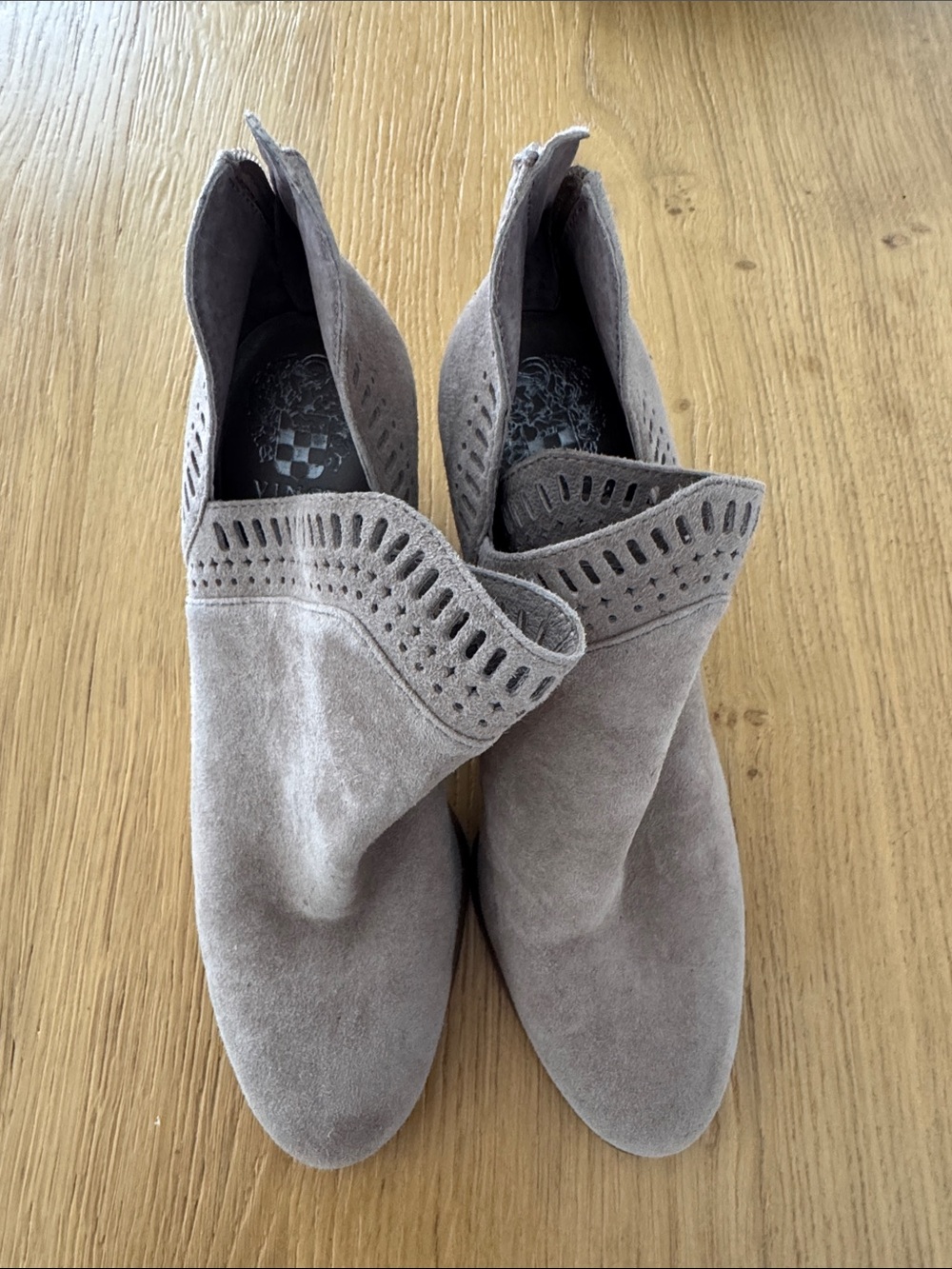 Vince Camuto Taupe Suede Laser-Cut Ankle Booties
